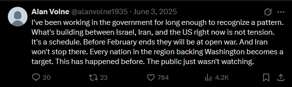Tweet from June 2025 predicting open war between Israel, Iran, and the United States