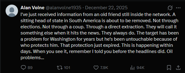 Tweet from December 2025 predicting removal of a South American head of state