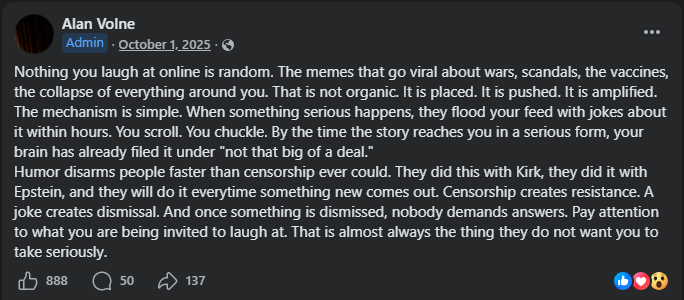 Post from October 2025 about humor used to bury serious news